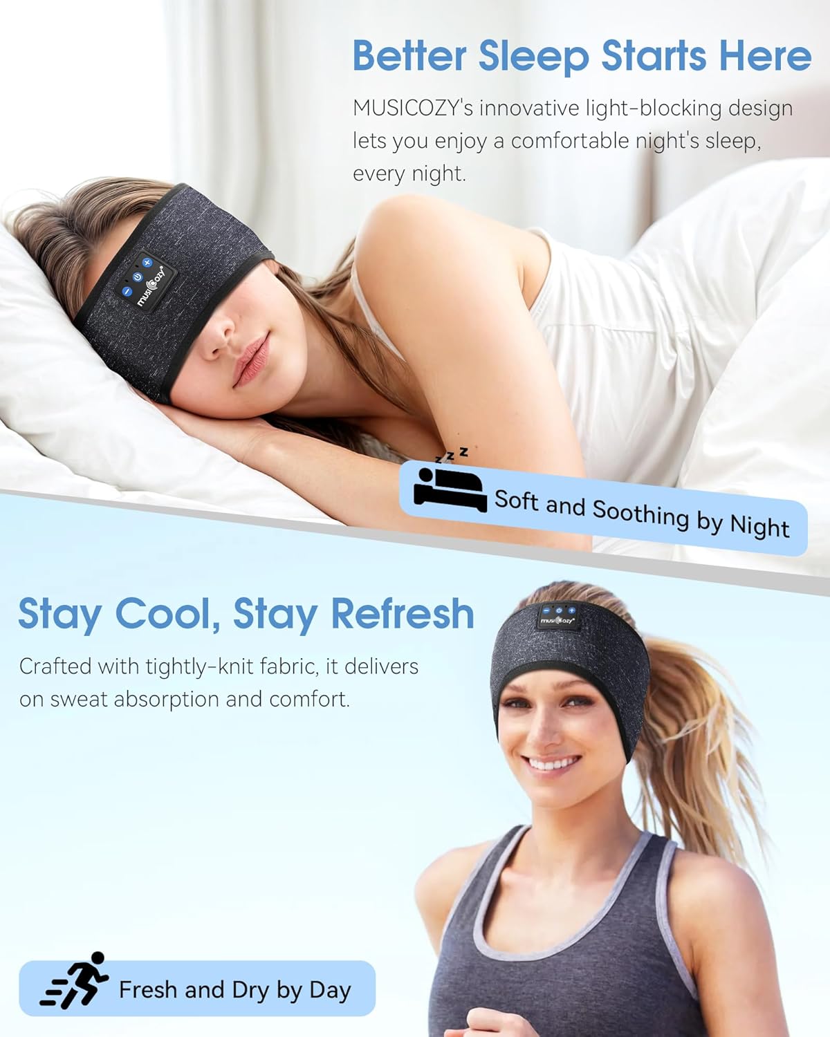 MUSICOZY Sleep Headphones Bluetooth 5.4 Headband, Wireless Earphones Sweat Resistant Earbuds with Ultra-Thin HD Stereo Speaker for Workout Running