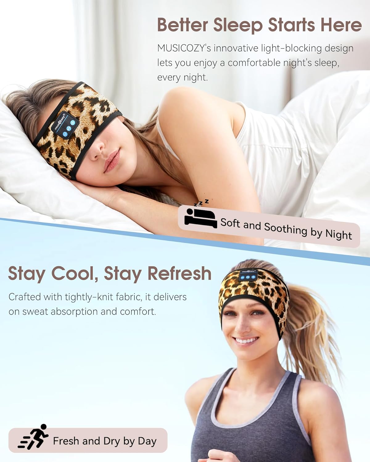 MUSICOZY Sleep Headphones Wireless Bluetooth 5.4 Sports Headband with HD Stereo Speakers, Sweatproof Earbuds for Running, Workout, Yoga, and Meditation