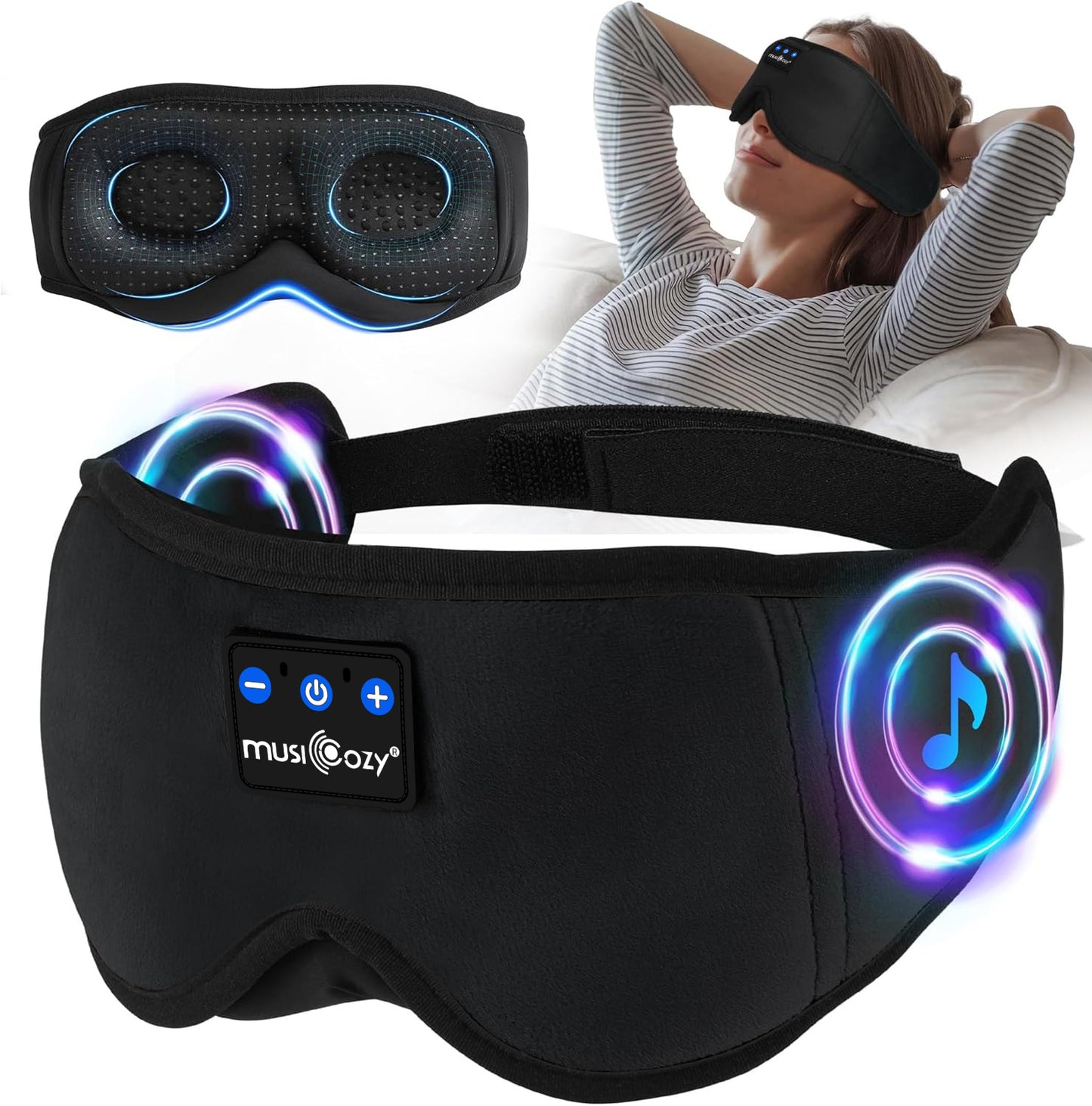 MUSICOZY Bluetooth 5.4 Sleep Headphones Mask – Noise-Cancelling Eye Mask with Ultra-Thin Stereo Speakers, Adjustable Ergonomic Design, for Side Sleepers, Travel, Office, Yoga, Gifts, Stress Relief
