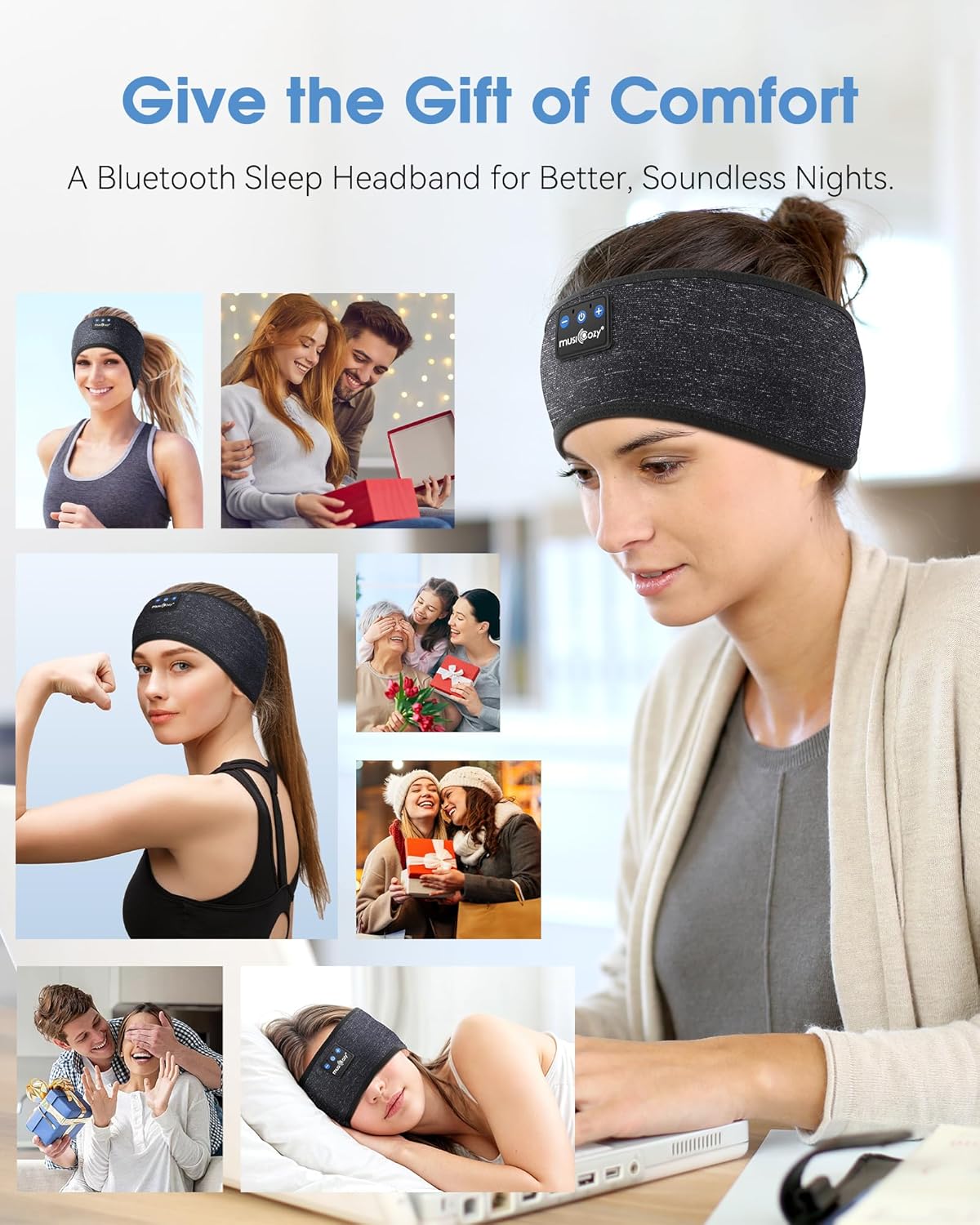 MUSICOZY Sleep Headphones Bluetooth 5.4 Headband, Wireless Earphones Sweat Resistant Earbuds with Ultra-Thin HD Stereo Speaker for Workout Running