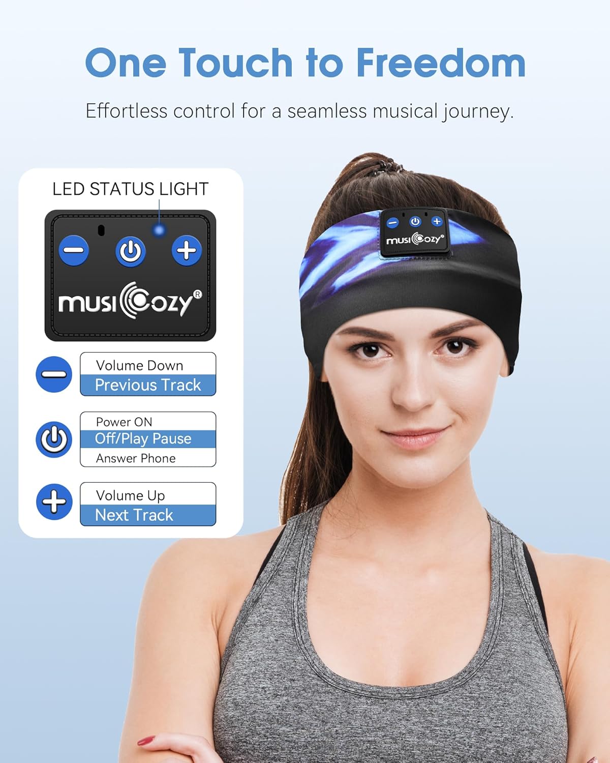 MUSICOZY Sleep Headphones Bluetooth Headband 5.4 Wireless Headband Headphones for Sleeping for Side Sleeper with Ultra-Thin HD Stero Speaker for Workout (Blue Arrow)