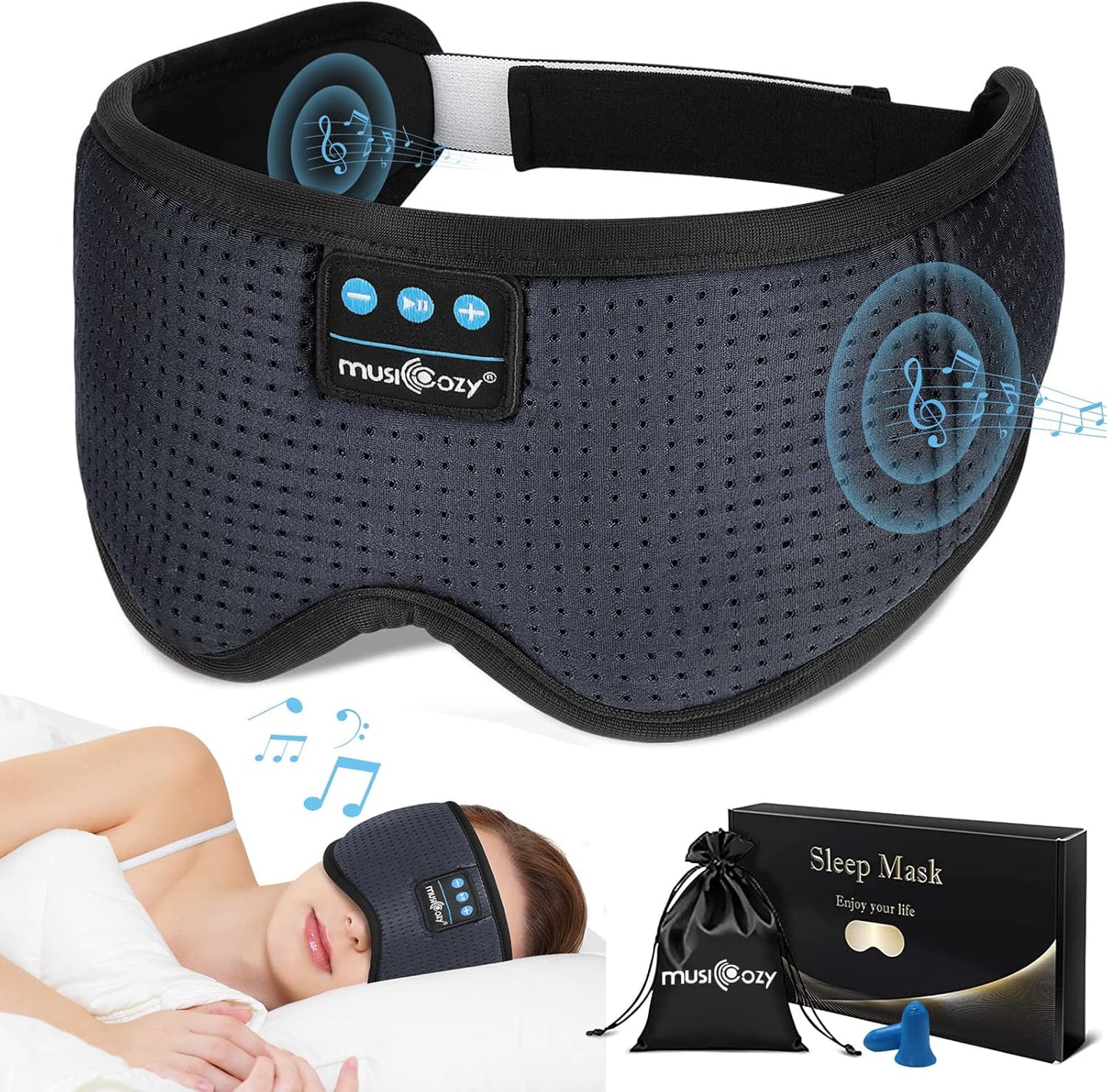 MUSICOZY 3D Bluetooth Sleep Mask with HD Stereo Sound, Wireless Sleep Headphones for Side Sleepers, Music Headband Eye Mask for Sleeping, Relaxation, Travel, Yoga, Cool Gadgets for Women Mom Girls