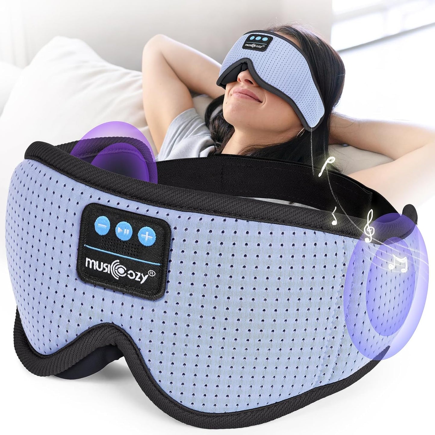 MUSICOZY Sleep Headphones, Bluetooth 5.4 eye mask, ergonomic design, noise reduction, light blocking, comfortable, suitable for side sleepers and those with sleep disorders