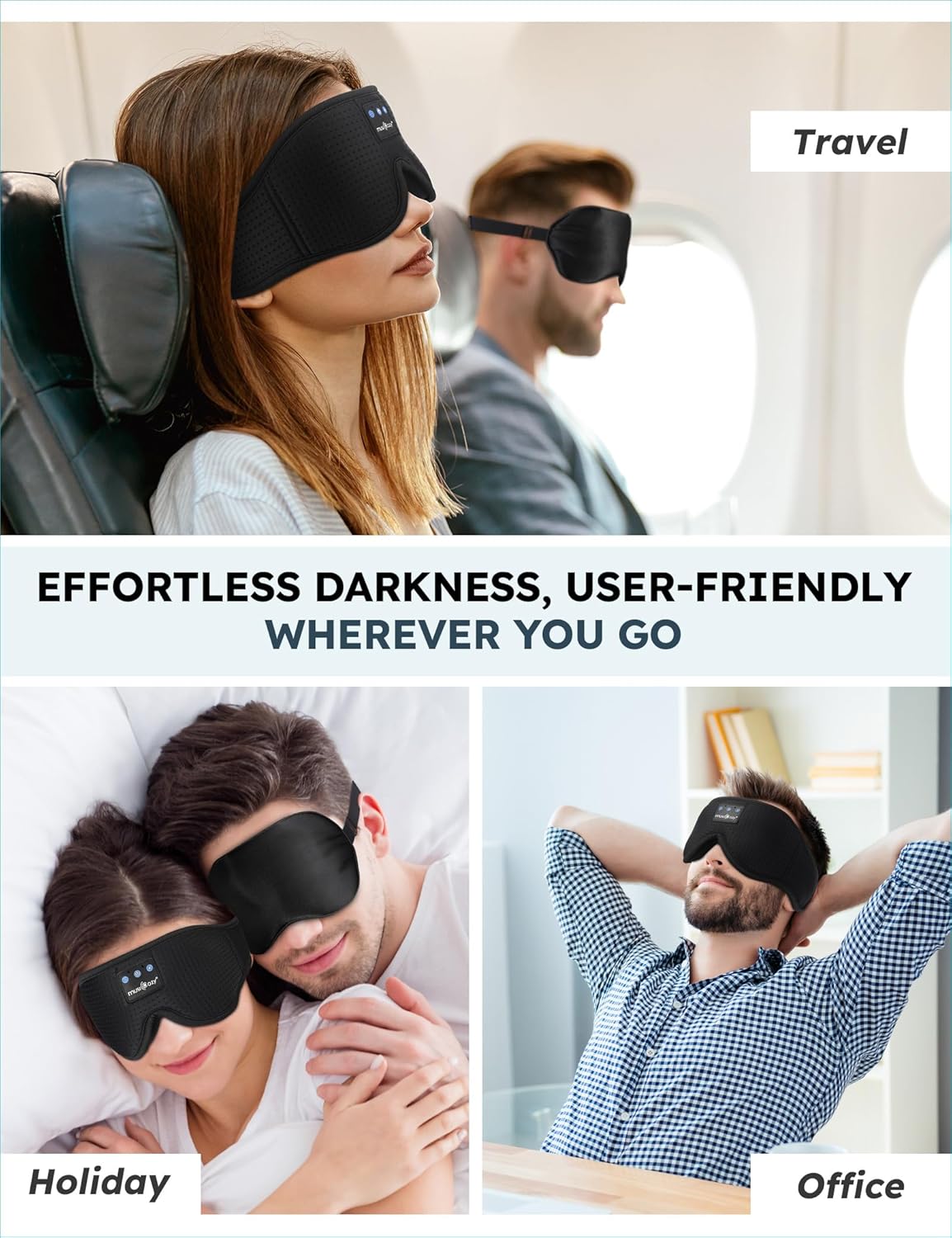 MUSICOZY Sleep Headphones Wireless Mask 3D Sleeping Eye Mask, Music Headband Headphones Sleep Earbuds Earphones for Side Sleeper Sleep Silk Eye Mask Cool Gadget Holiday for Mom Women(Black+Black)
