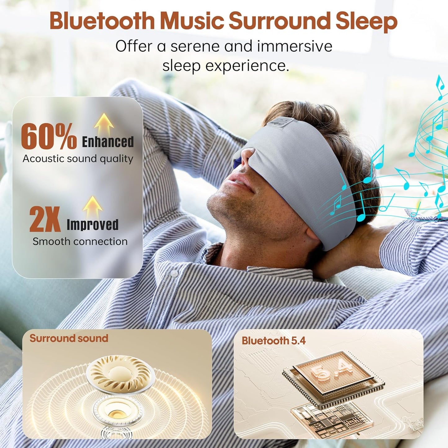 MUSICOZY Ice Silk Sleep Headphones with Bluetooth Mask, Eye Mask for Sleeping in Total Darkness, 5.4 Bluetooth Sleep Mask Sleep Headphones, Soft, Gifts for Men Women (Blue)