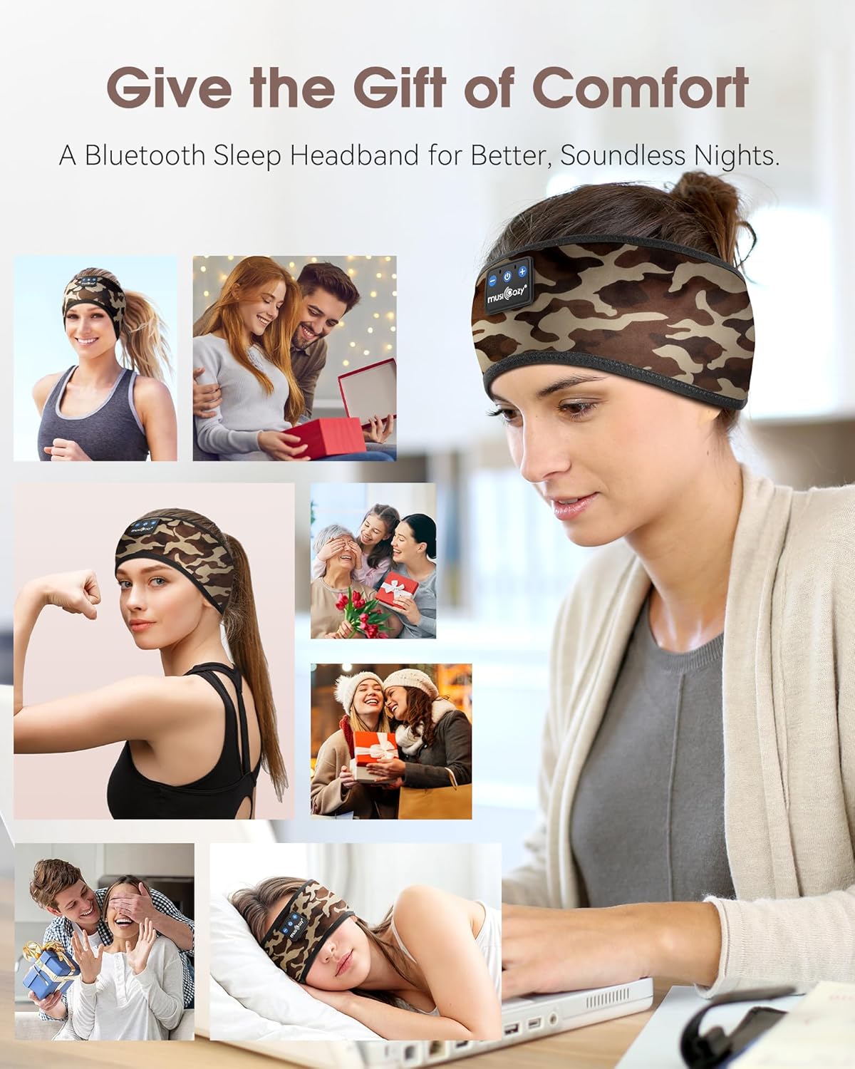 MUSICOZY Sleep Headphones Bluetooth 5.4 Headband, Sports Wireless Earphones Sweat Resistant Earbuds Sleeping Headphone with Ultra-Thin HD Stereo Speaker for Workout Running Cool Gadgets