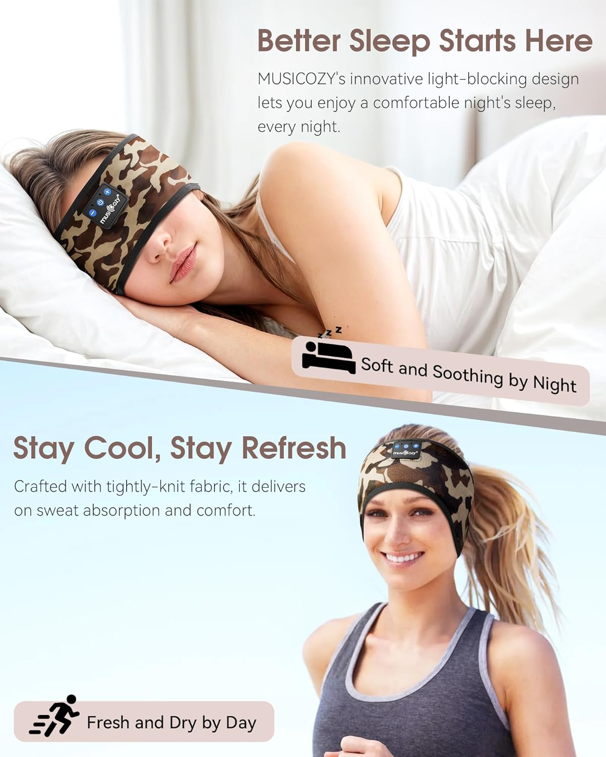 MUSICOZY Sleep Headphones Bluetooth 5.4 Headband, Sports Wireless Earphones Sweat Resistant Earbuds Sleeping Headphone with Ultra-Thin HD Stereo Speaker for Workout Running Cool Gadgets