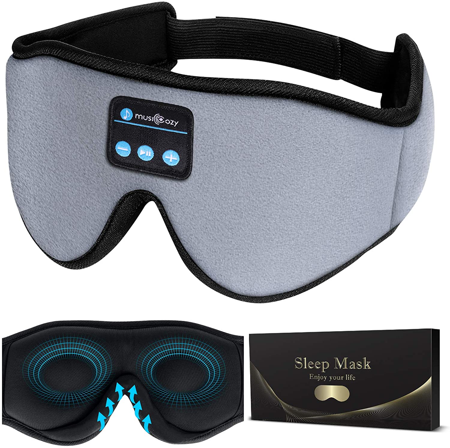 Sleep Headphones 3D Bluetooth Sleep Mask, MUSICOZY Wireless Music Eye Mask with Sleeping Headphones for Side Sleepers, Air Travel, Meditation, Built-in Ultra Soft Thin Speakers Microphone Washable