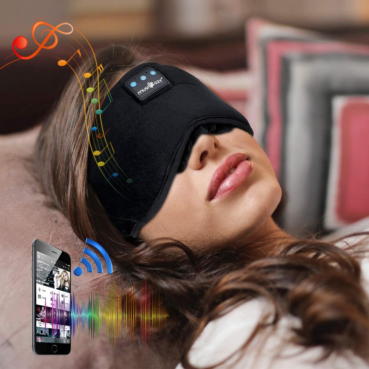 Sleep Headphones, Eye Mask Bluetooth Sleeping Headphone for Women Men, Wireless Music Handsfree Mask, Built-in Speakers Microphone, Washable, Comfort with Adjustable Strap for Sleep Travel Black