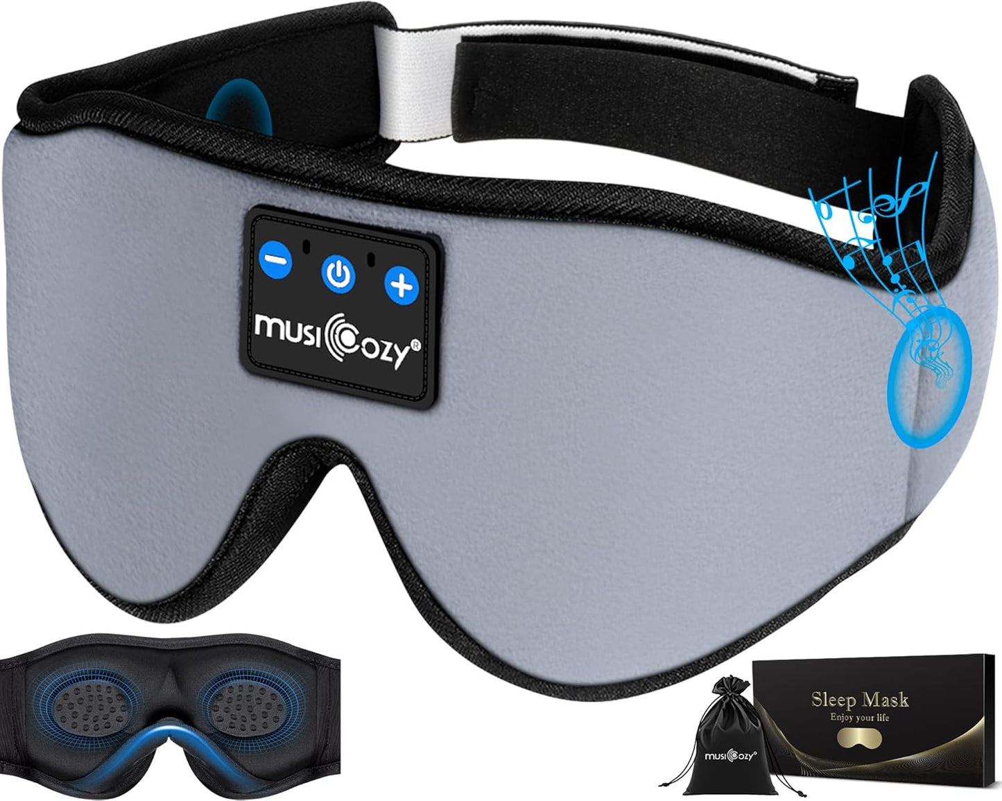 MUSICOZY Wireless Bluetooth 5.2 Sleep Headphones Headband, Music 3D Eye Sleeping Mask Earbuds Built-in Speakers for Side Sleepers Cool Tech Gadgets Unique Gifts, Gray