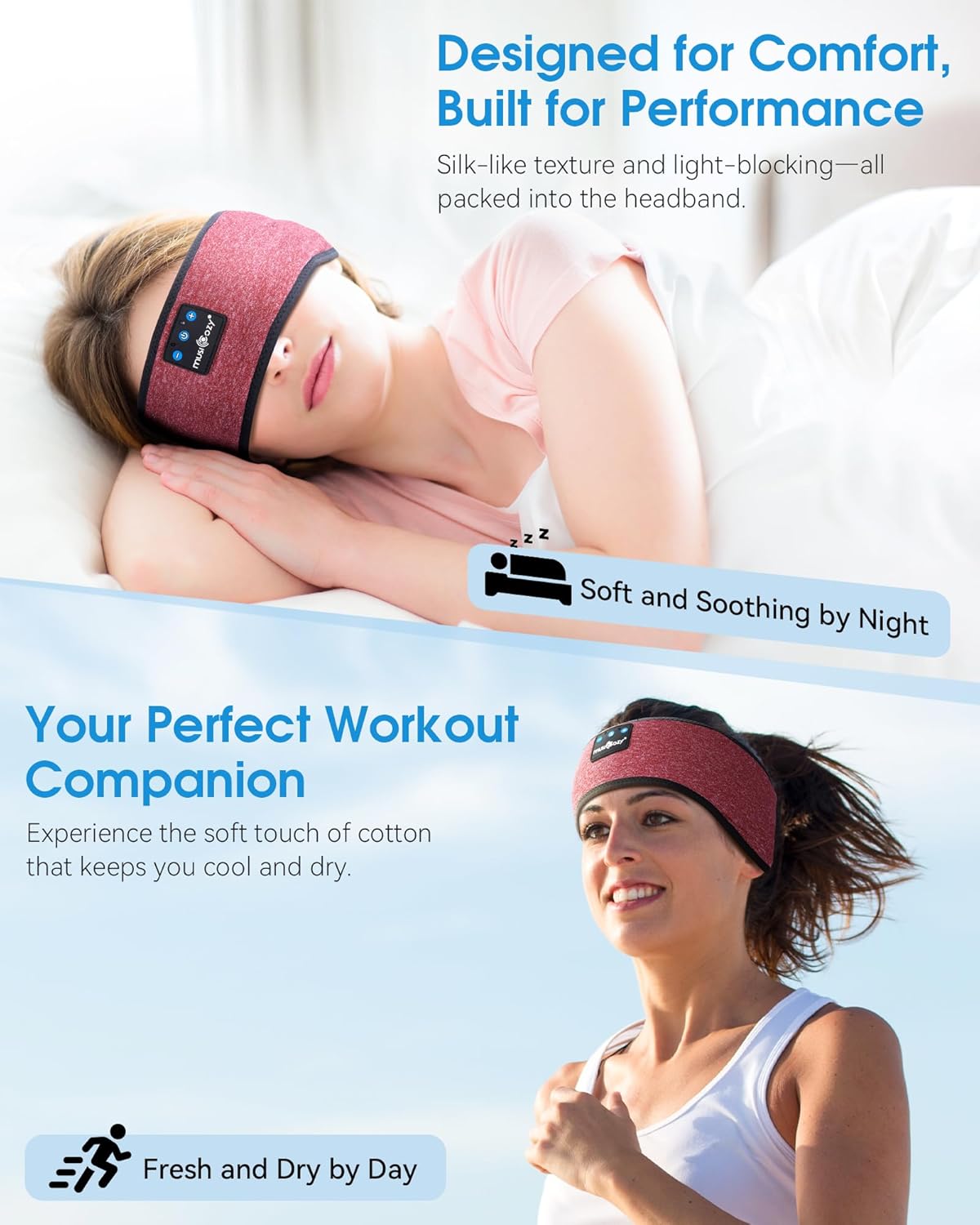 MUSICOZY Sleep Headphones Wireless Bluetooth 5.4 Headband, Music Sports Sleeping Headband Headphones Earbuds Earphones for Women Girls Mom Workout Running Jogging Yoga Cool Gadgets Unique Gifts