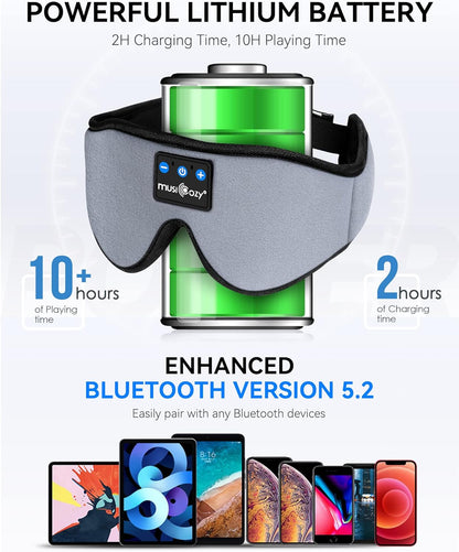 MUSICOZY Wireless Bluetooth 5.2 Sleep Headphones Headband, Music 3D Eye Sleeping Mask Earbuds Built-in Speakers for Side Sleepers Cool Tech Gadgets Unique Gifts, Gray