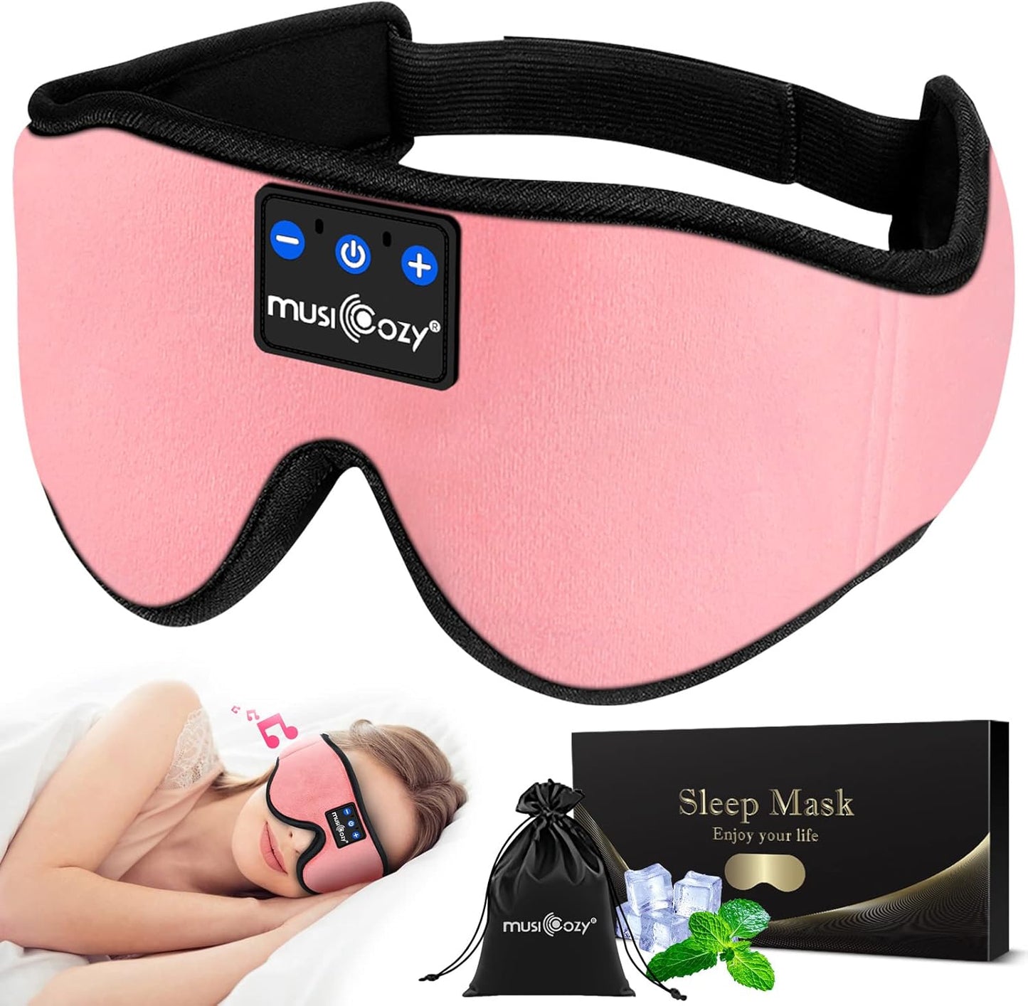 MUSICOZY 3D Bluetooth 5.2 Sleep Headphones, Breathable Wireless Music Eye Mask, Sleeping Headphones with Headband for Side Sleepers, Women, Men, Air Travel, Unique Tech Gifts