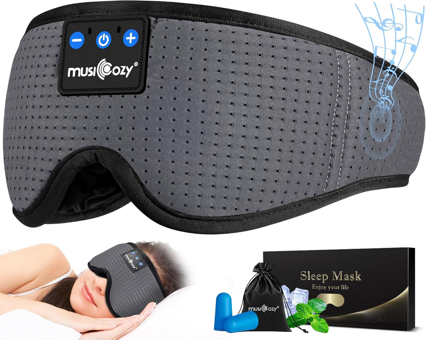 MUSICOZY 3D Bluetooth 5.2 Sleep Headphones, Breathable Wireless Music Eye Mask, Sleeping Headphones with Headband for Side Sleepers, Women, Men, Air Travel, Unique Tech Gifts