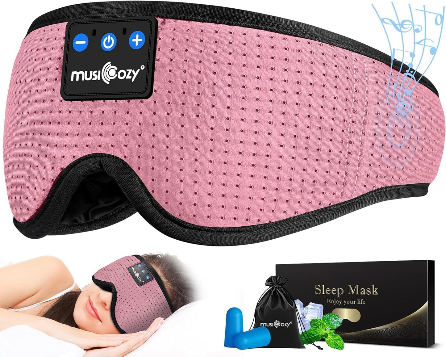 MUSICOZY 3D Bluetooth 5.2 Sleep Headphones, Breathable Wireless Music Eye Mask, Sleeping Headphones with Headband for Side Sleepers, Women, Men, Air Travel, Unique Tech Gifts